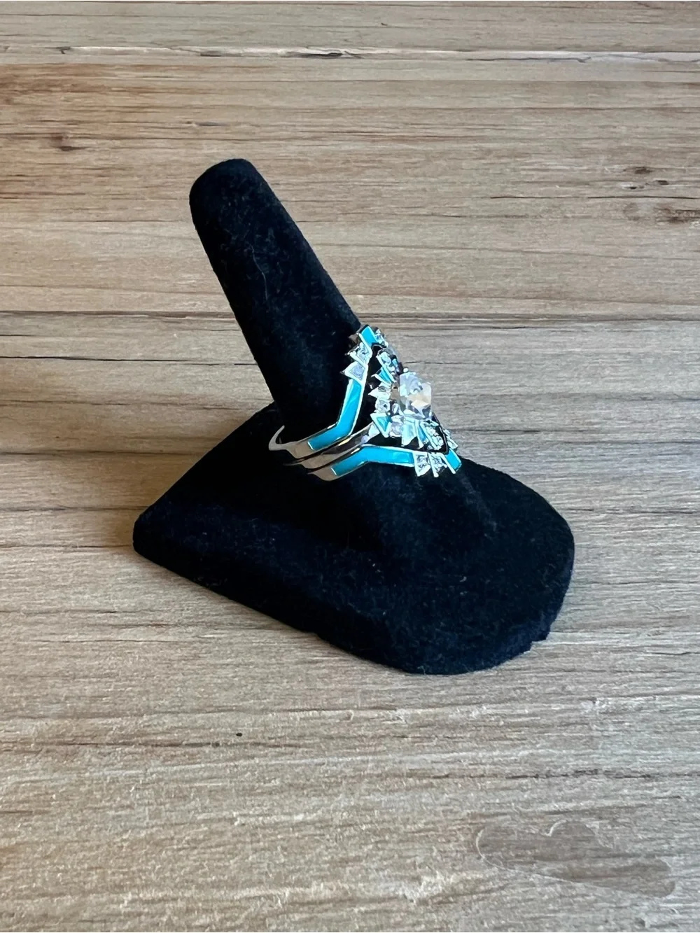 Turquoise Silver Tone Triple Band  Art Deco Fashion Ring-Size 6.5